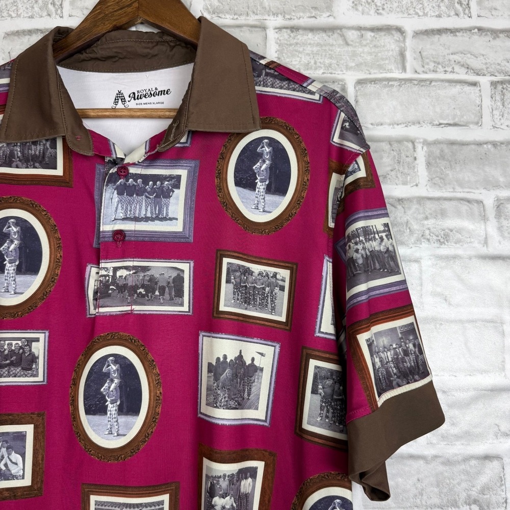 Royal Awesome Men's XL Golf Polo Shirt Burgundy Vintage Photo Print Short Sleeve